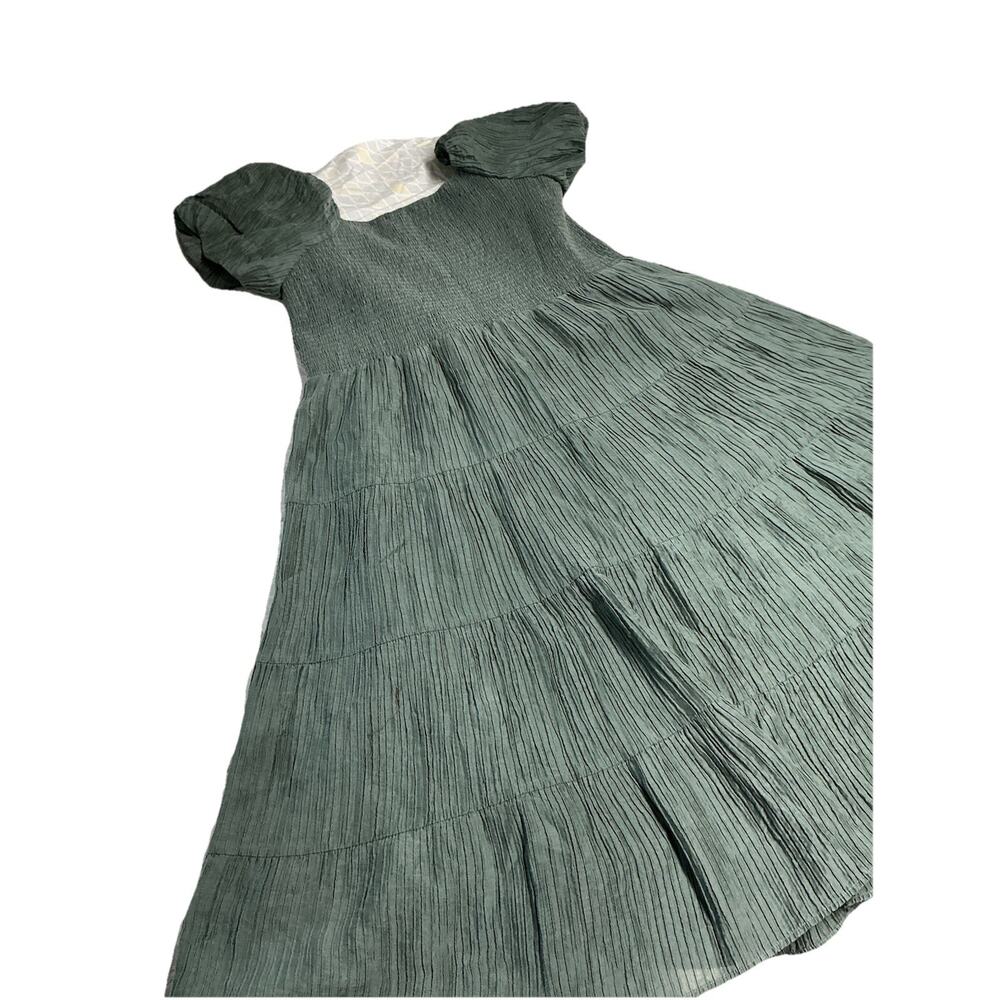 CRYSTAL SKY Dress 3X Smocked Crinkle Midi Puff Sleeve Cottagecore Stretch Green